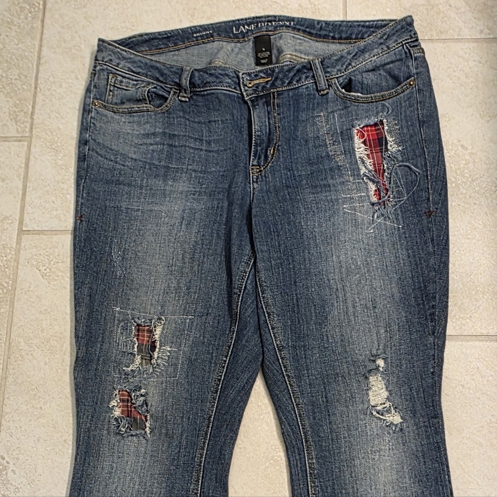 Lane Bryant Skinny Jeans- Distressed & Plaid Details- Size 16- Medium Blue Wash